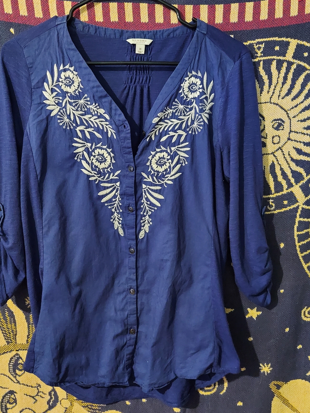 Women's Navy Embroidered V-Neck Button Front Top